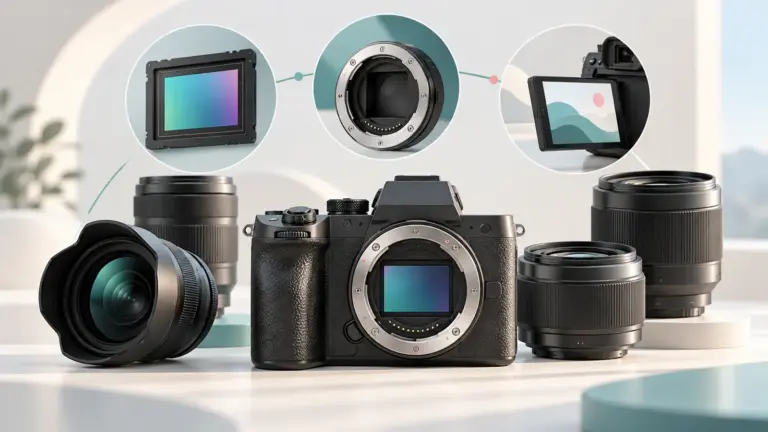 Concept illustration of a mirrorless camera body, lenses, sensor and display components.