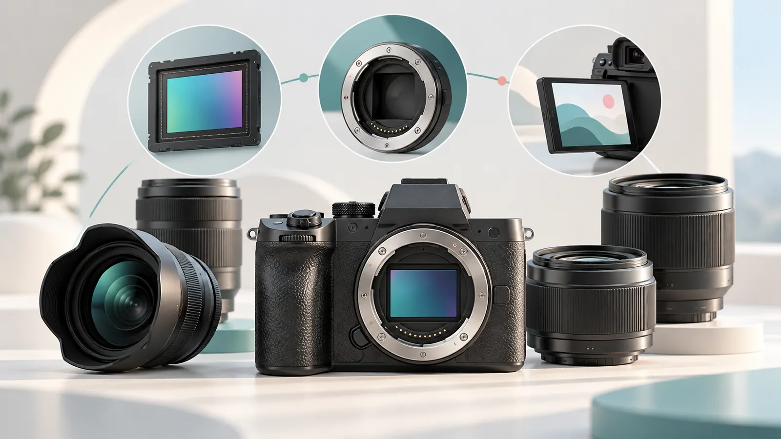 Concept illustration of a mirrorless camera body, lenses, sensor and display components.
