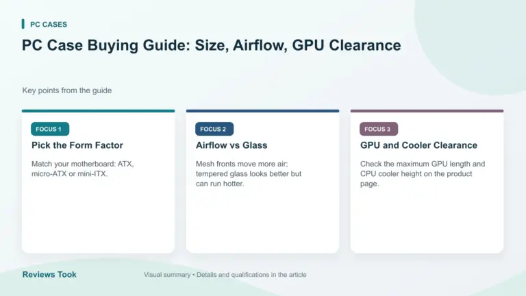 Visual summary: Pick the Form Factor; Airflow vs Glass; GPU and Cooler Clearance.