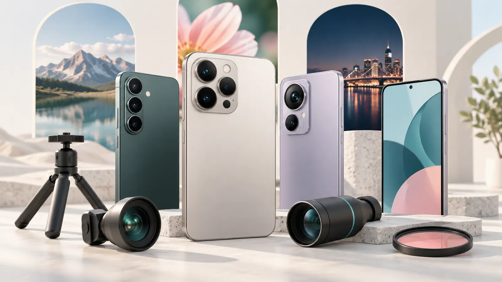 Concept illustration of unbranded smartphones showing their camera lenses beside simple photography accessories.