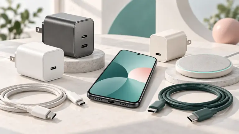 Concept illustration of USB-C wall chargers and charging cables beside a smartphone.