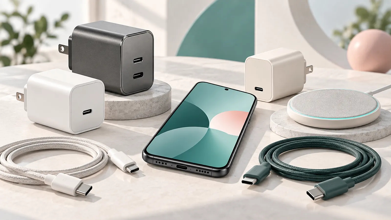 Concept illustration of USB-C wall chargers and charging cables beside a smartphone.