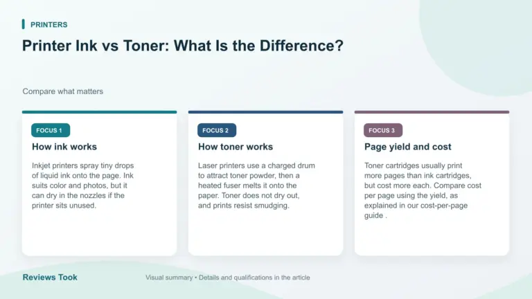 Visual summary: How ink works; How toner works; Page yield and cost.