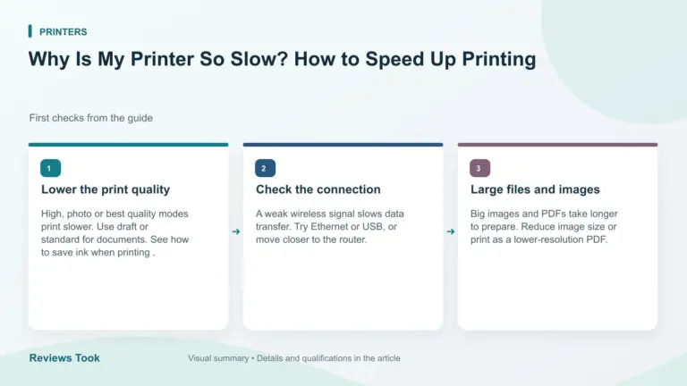 Illustrated checks: Lower the print quality; Check the connection; Large files and images.