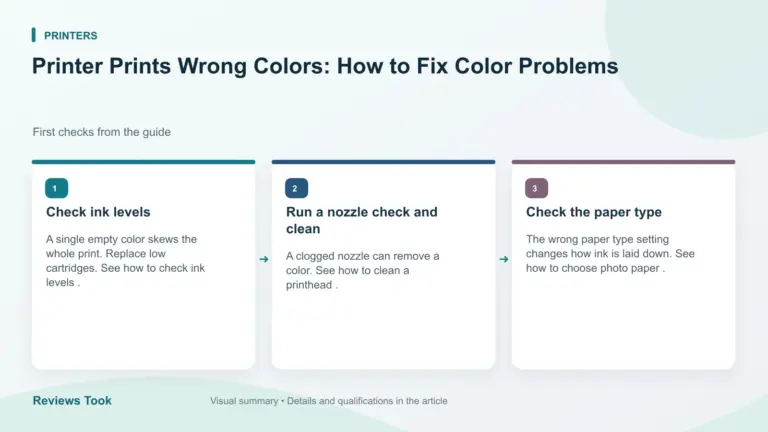 Illustrated checks: Check ink levels; Run a nozzle check and clean; Check the paper type.