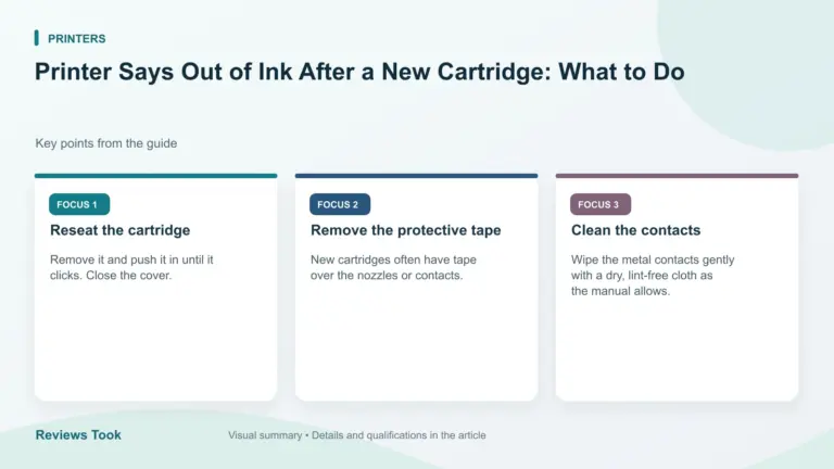 Visual summary: Reseat the cartridge; Remove the protective tape; Clean the contacts.