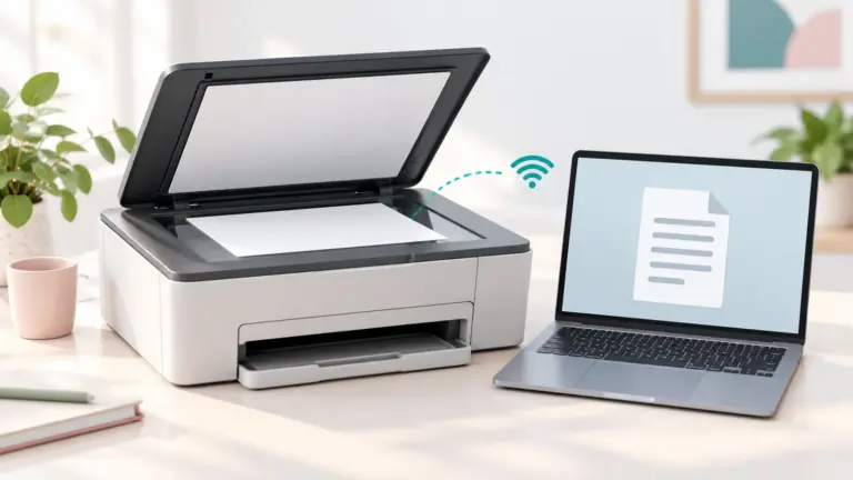 Concept illustration of an open flatbed scanner beside a laptop with a document and wireless connection symbol.