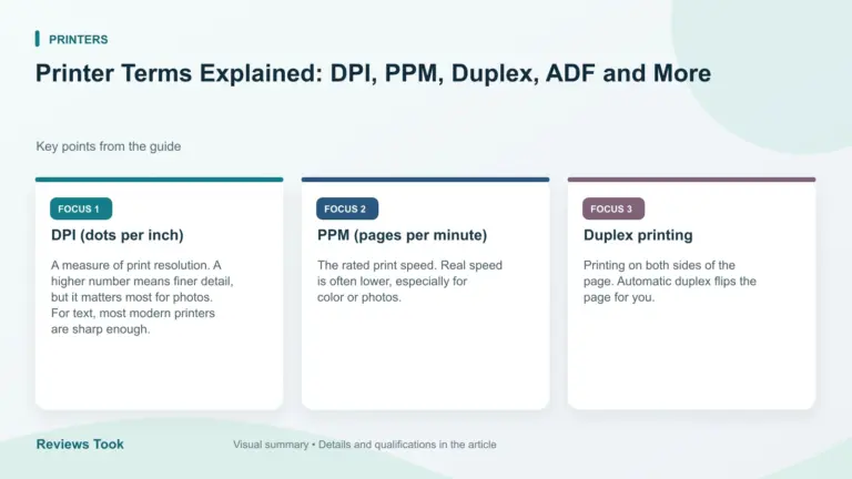 Visual summary: DPI (dots per inch); PPM (pages per minute); Duplex printing.