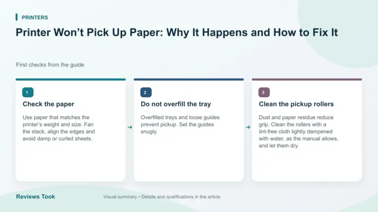 Illustrated checks: Check the paper; Do not overfill the tray; Clean the pickup rollers.