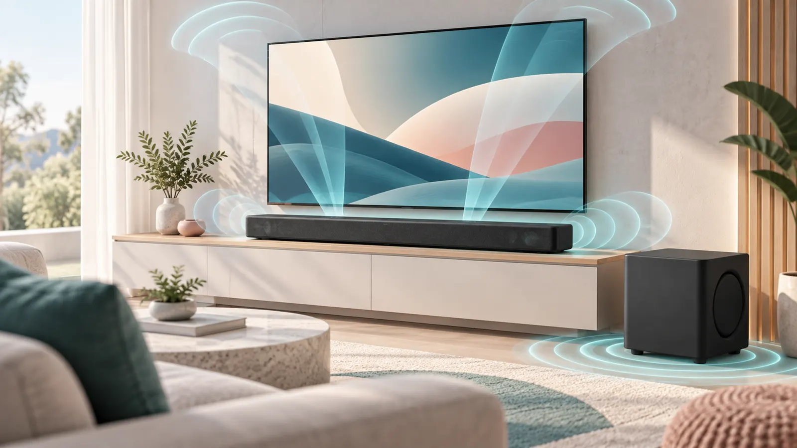 Concept illustration of a television, soundbar and subwoofer in a living room.