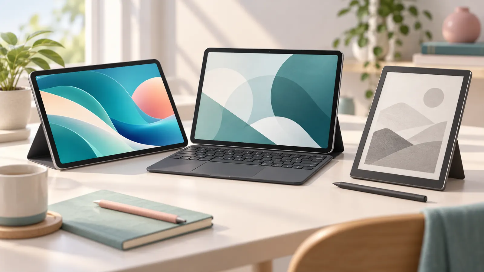 Concept illustration of unbranded tablets in a tidy everyday workspace.