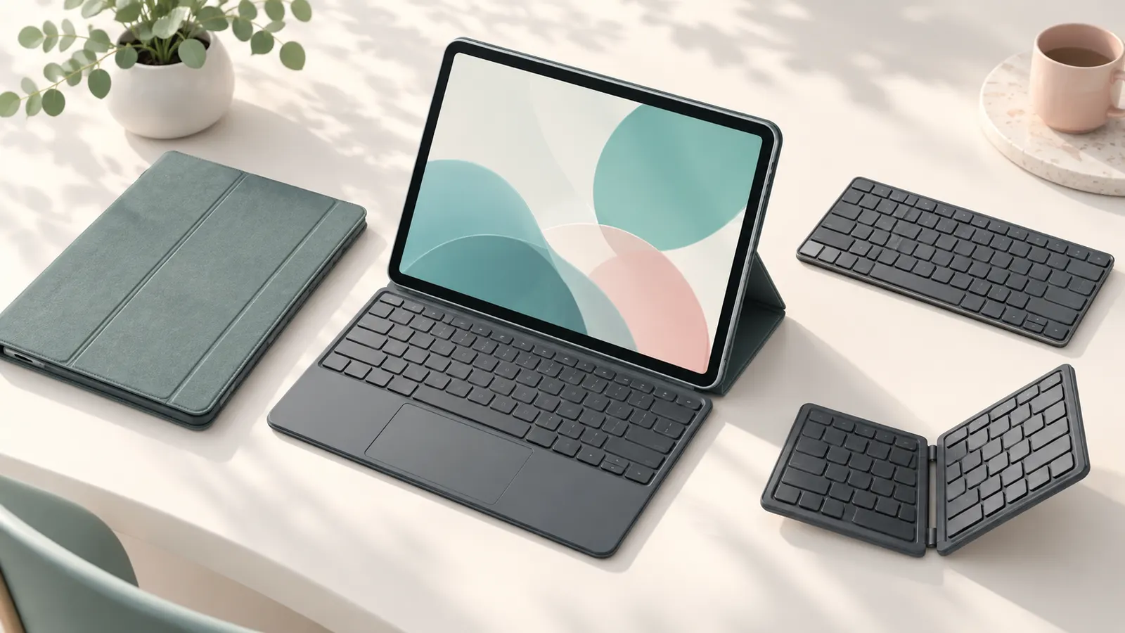 Concept illustration of an unbranded tablet with a detachable keyboard and protective folio case.