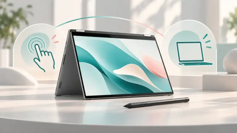 Concept illustration of an unbranded convertible touch-screen laptop shown partly folded with a stylus.